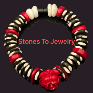 Handmade Carved Red Jasper Rose, with Coral, Bone and Shell beads Bracelet